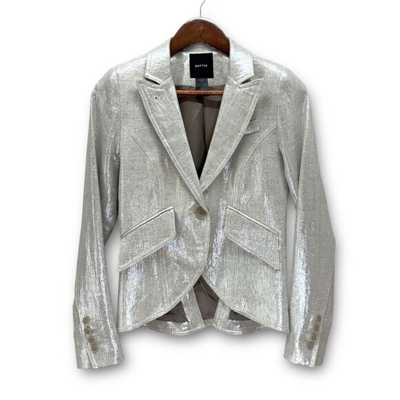 Smythe 100% Linen One Button Blazer Pewter Size 2 Career Office Siren Mob Wife - Picture 1 of 12